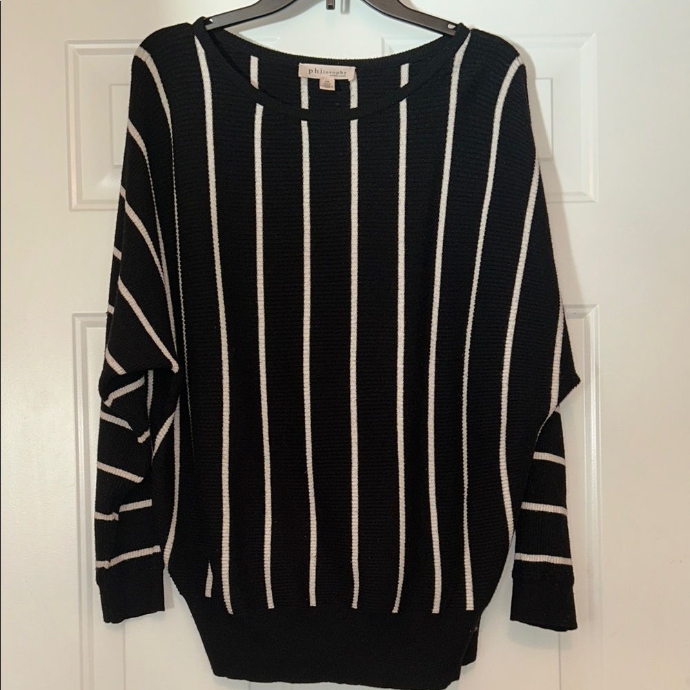 Philosophy Crew Neck Sweater L Black White Striped Knit 3/4 Dolman Sleeves
